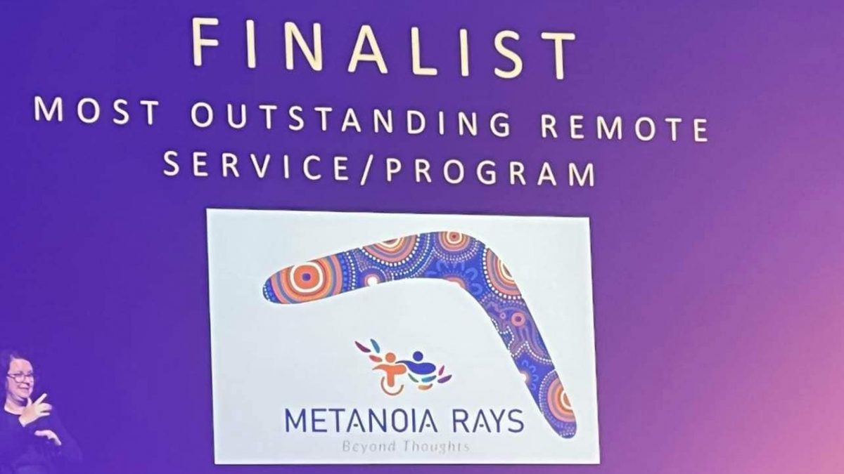 Image of the screen at the 2022 ADSCA awards detailing the following text "Finalist Most outstanding remote service" with Metanoia Rays logo under text.