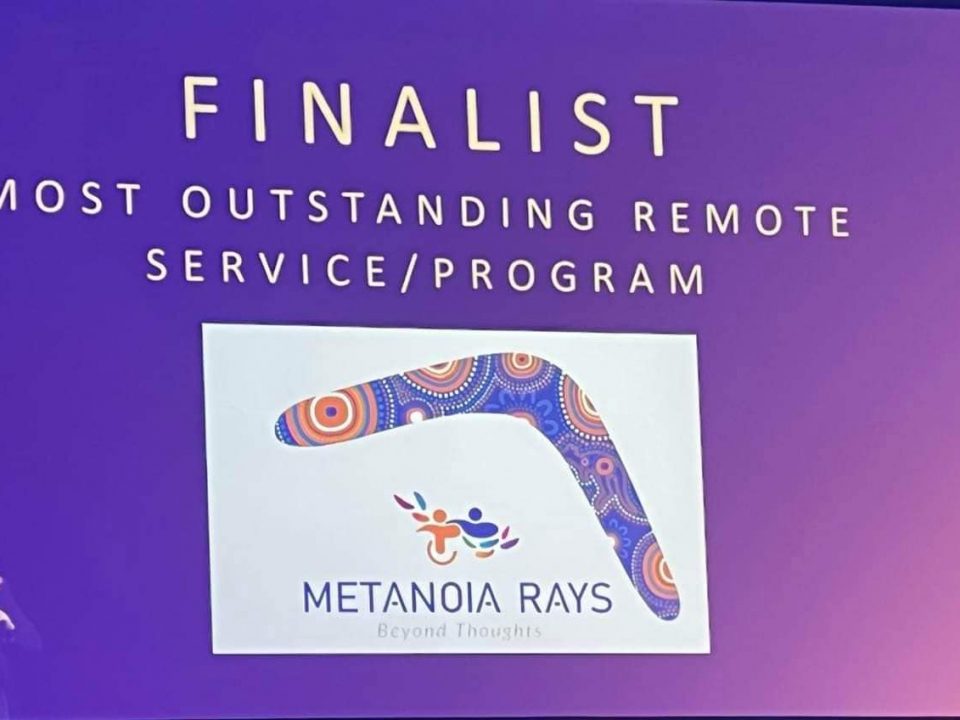 Image of the screen at the 2022 ADSCA awards detailing the following text "Finalist Most outstanding remote service" with Metanoia Rays logo under text.